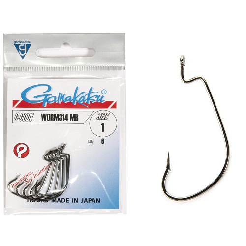 Крючки офсетные Gamakatsu Worm 314 HOOKS BLACK разм. 1/0 6шт.