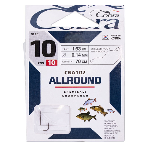 Крючки с поводком Cobra ALLROUND 70cm, 0,14mm, разм.10, 10шт.