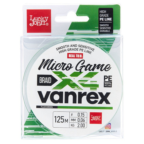 Шнур плетёный Lucky John Vanrex MICRO GAME х4 BRAID Fluo Green 125/006
